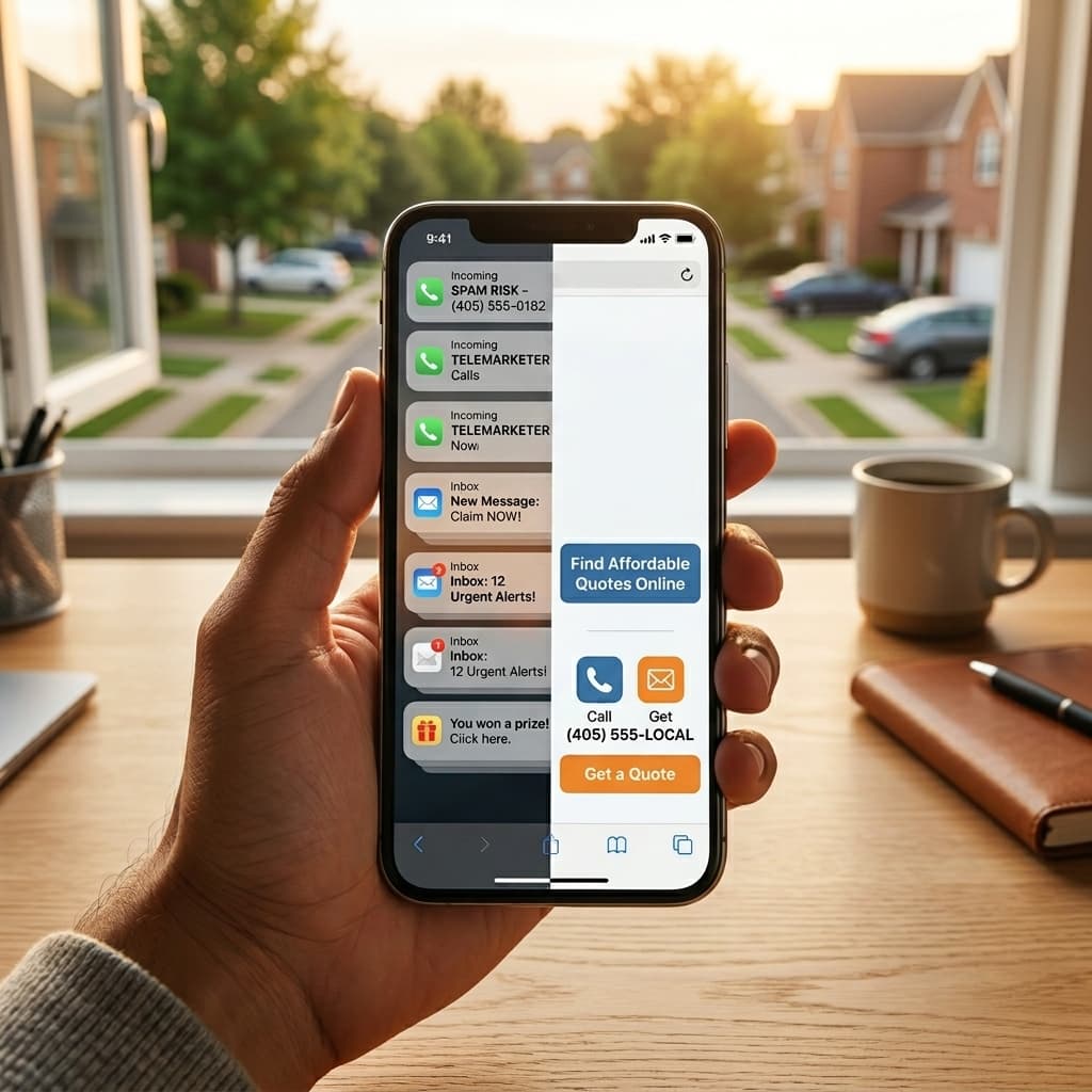 Driver receiving spam calls on smartphone after searching for car insurance near me in Broken Arrow Oklahoma