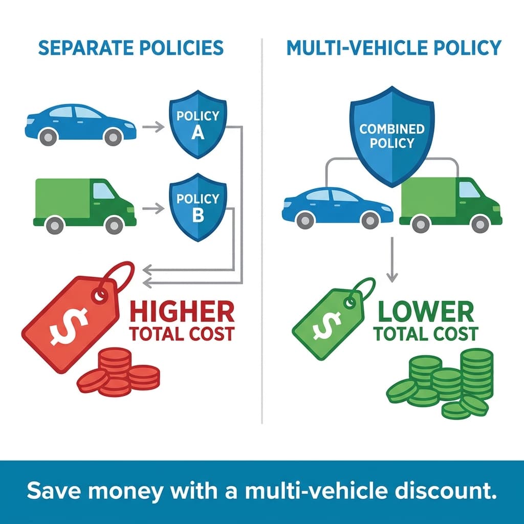 Comparison of separate car and van insurance policies versus a combined multi-vehicle policy showing cost savings