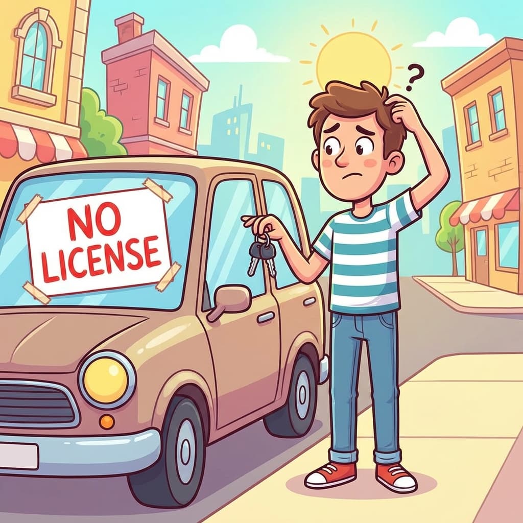 Cartoon of a confused driver with car keys next to a car and no license sign representing non owner car insurance Oklahoma