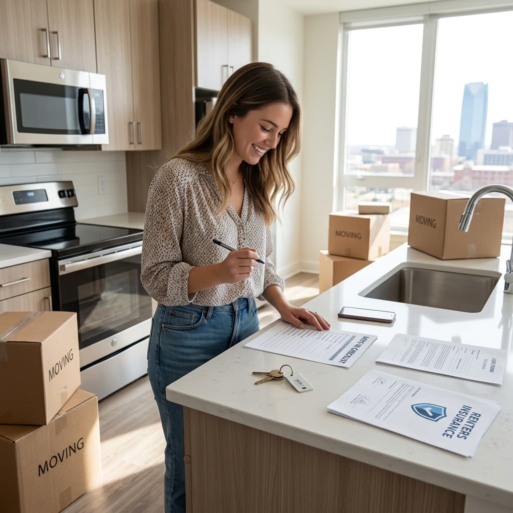 First-time Oklahoma City renter moving into an apartment while preparing a renters insurance quote before move-in day.