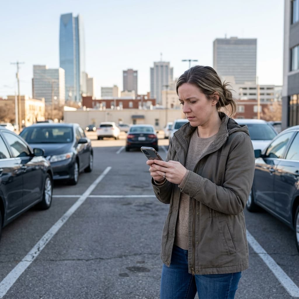 Oklahoma City driver reviewing insurance information after discovering a stolen vehicle in a parking lot.