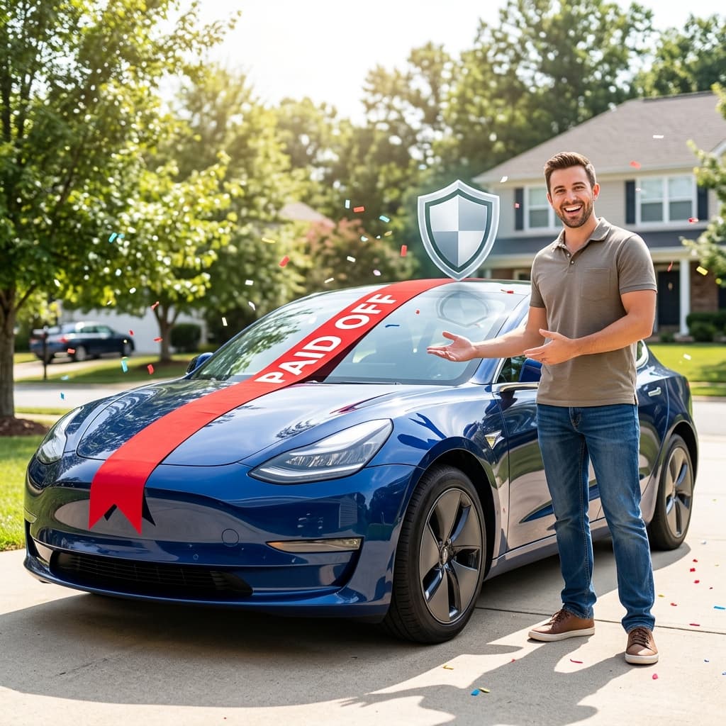 3D illustration of a paid-off vehicle with an insurance shield, representing reviewing car insurance after paying off a loan.