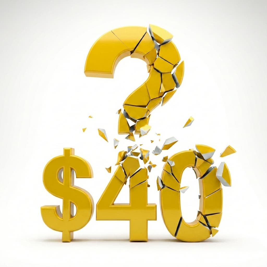 abstract image of $40 breaking apart into a question mark representing cheap full coverage insurance myth in South Tulsa