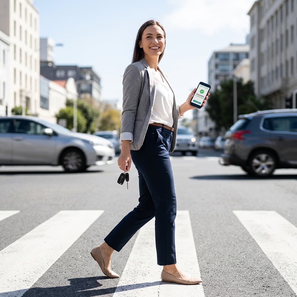 Driver transitioning to a new auto insurance policy while holding car keys and a smartphone with proof of insurance.