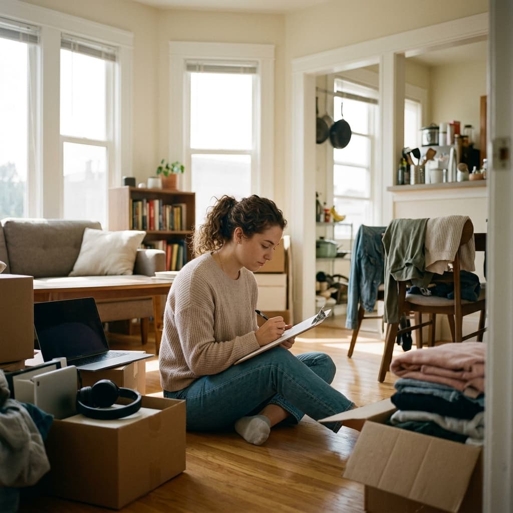 Renter reviewing insurance coverage for personal belongings inside an apartment.