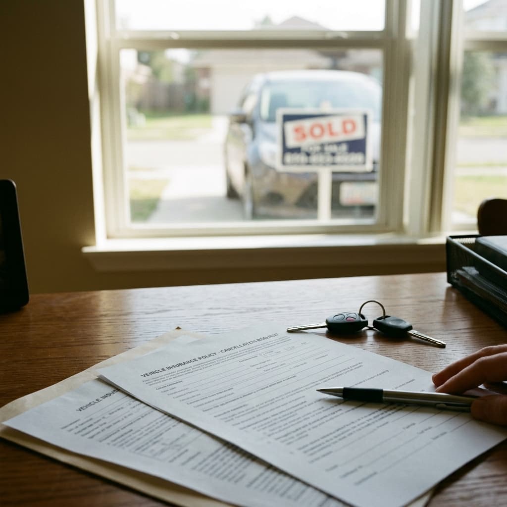 Car keys, insurance paperwork, and a sold vehicle representing when to cancel car insurance after selling a car.