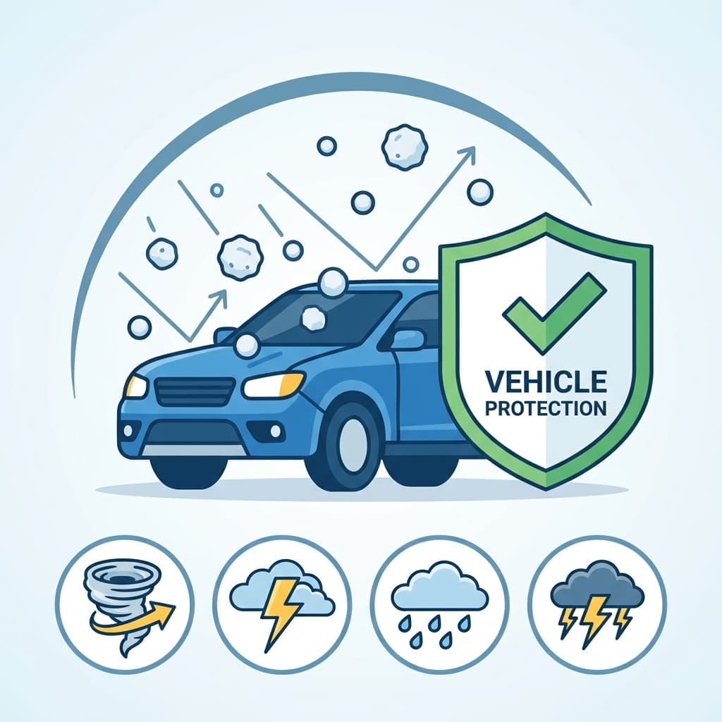 Illustration of Oklahoma vehicle damaged by hail with full coverage insurance protection graphics